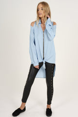 Light Blue Oversized Cold Shoulder Front Zip Shirt - India