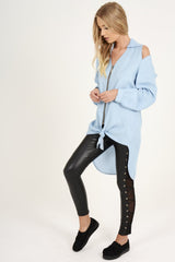 Light Blue Oversized Cold Shoulder Front Zip Shirt - India