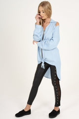 Light Blue Oversized Cold Shoulder Front Zip Shirt - India