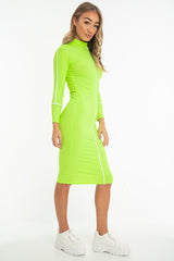 Lime Green Contrast Stripe Detail High Neck Midi Dress - Niana