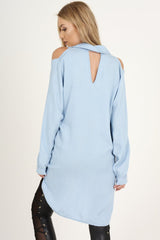 Light Blue Oversized Cold Shoulder Front Zip Shirt - India