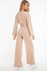Nude Rib Crop Jumper Tie Wide Leg Trousers Loungewear Co-Ord - Mirabel