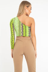 Green Snake Print One Sleeve Crop Top - Preesha