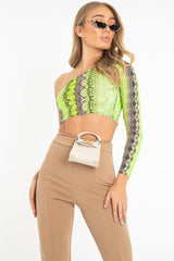 Green Snake Print One Sleeve Crop Top - Preesha