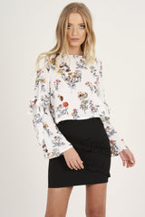 White Floral Tie Bell Sleeve Top - Gemma