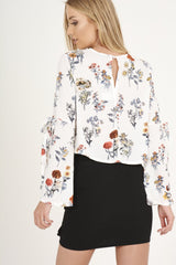 White Floral Tie Bell Sleeve Top - Gemma