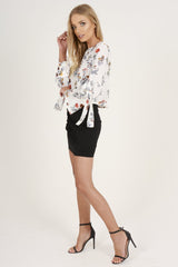 White Floral Tie Bell Sleeve Top - Gemma