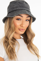 Washed Black Denim Stitch Detail Bucket Hat - Gabriela