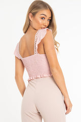 Rose Ruched Button Tie Up Padded Bra Crop Top - Aden