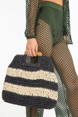 Black Beige Stripe Wooden Handle Straw Bag - Ebony