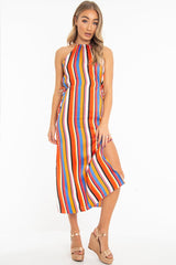 Orange Stripe Halterneck Drawstring Waist Maxi Dress - Melanie