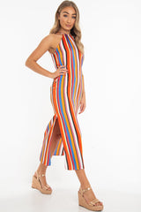 Orange Stripe Halterneck Drawstring Waist Maxi Dress - Melanie