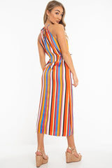 Orange Stripe Halterneck Drawstring Waist Maxi Dress - Melanie