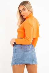 Orange Rib Roll Neck Crop Jumper - Hayvin