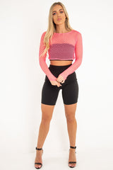 Pink Fish Net Long Sleeved Crop Top - Ivory