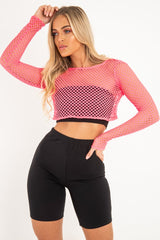 Pink Fish Net Long Sleeved Crop Top - Ivory