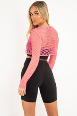 Pink Fish Net Long Sleeved Crop Top - Ivory