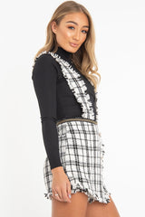 White Black Tweed Pearl Button Playsuit - Jolette