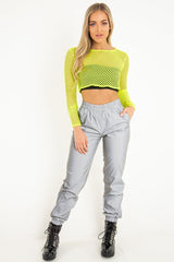 Yellow Fish Net Long Sleeved Crop Top - Ivory
