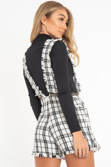 White Black Tweed Pearl Button Playsuit - Jolette