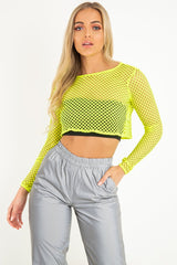 Yellow Fish Net Long Sleeved Crop Top - Ivory