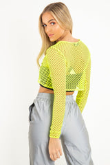 Yellow Fish Net Long Sleeved Crop Top - Ivory