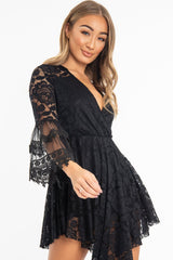 Black Lace Plunge Wrap Bell Sleeve Mini Dress - Kristina