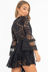 Black Lace Plunge Wrap Bell Sleeve Mini Dress - Kristina