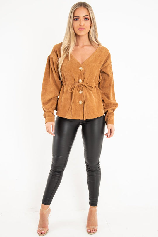 Rust Corduroy Drawstring Buttoned Blouse - Willard