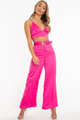 Fuchsia Satin Plunge Bralet Belted Trousers Co-Ord - Paola