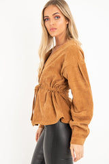 Rust Corduroy Drawstring Buttoned Blouse - Willard