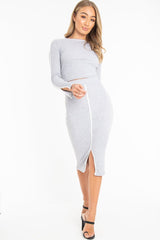 Grey Rib Contrast Piping Top Midi Skirt Co-Ord - Ibbie