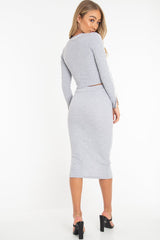 Grey Rib Contrast Piping Top Midi Skirt Co-Ord - Ibbie