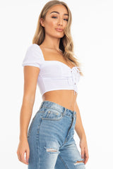 White Lace Up Sweetheart Puff Sleeve Crop Top - Kandis
