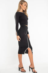 Black Rib Contrast Piping Top Midi Skirt Co-Ord - Ibbie