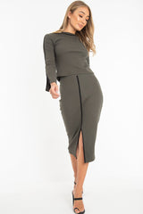 Khaki Rib Contrast Piping Jumper Midi Skirt Co-Ord - Eloise