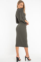 Khaki Rib Contrast Piping Jumper Midi Skirt Co-Ord - Eloise