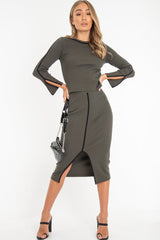 Khaki Rib Contrast Piping Jumper Midi Skirt Co-Ord - Eloise