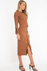 Camel Rib Contrast Piping Jumper Midi Skirt Co-Ord - Eloise