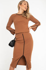 Camel Rib Contrast Piping Jumper Midi Skirt Co-Ord - Eloise