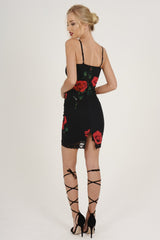 Black Rose Print Lace Trim Slip Dress - Martina