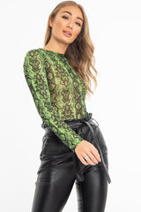 Green Snake Print Mesh Long Sleeve Top - Marisela