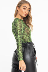 Green Snake Print Mesh Long Sleeve Top - Marisela