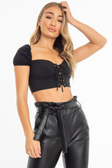Black Lace Up Sweetheart Puff Sleeve Crop Top - Kandis