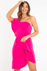 Fuchsia Scuba One Shoulder Ruffle Front Dress - Kyomi