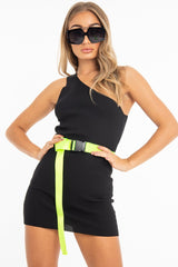 Black Rib Knit One Shoulder Mini Dress - Elisabeth