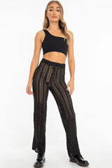 Black Open Knit Tie Waist Flared Trousers - Nadine