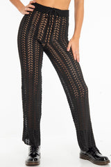 Black Open Knit Tie Waist Flared Trousers - Nadine