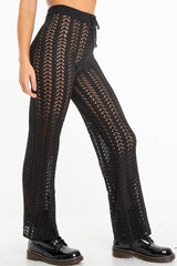 Black Open Knit Tie Waist Flared Trousers - Nadine