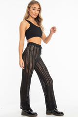 Black Open Knit Tie Waist Flared Trousers - Nadine